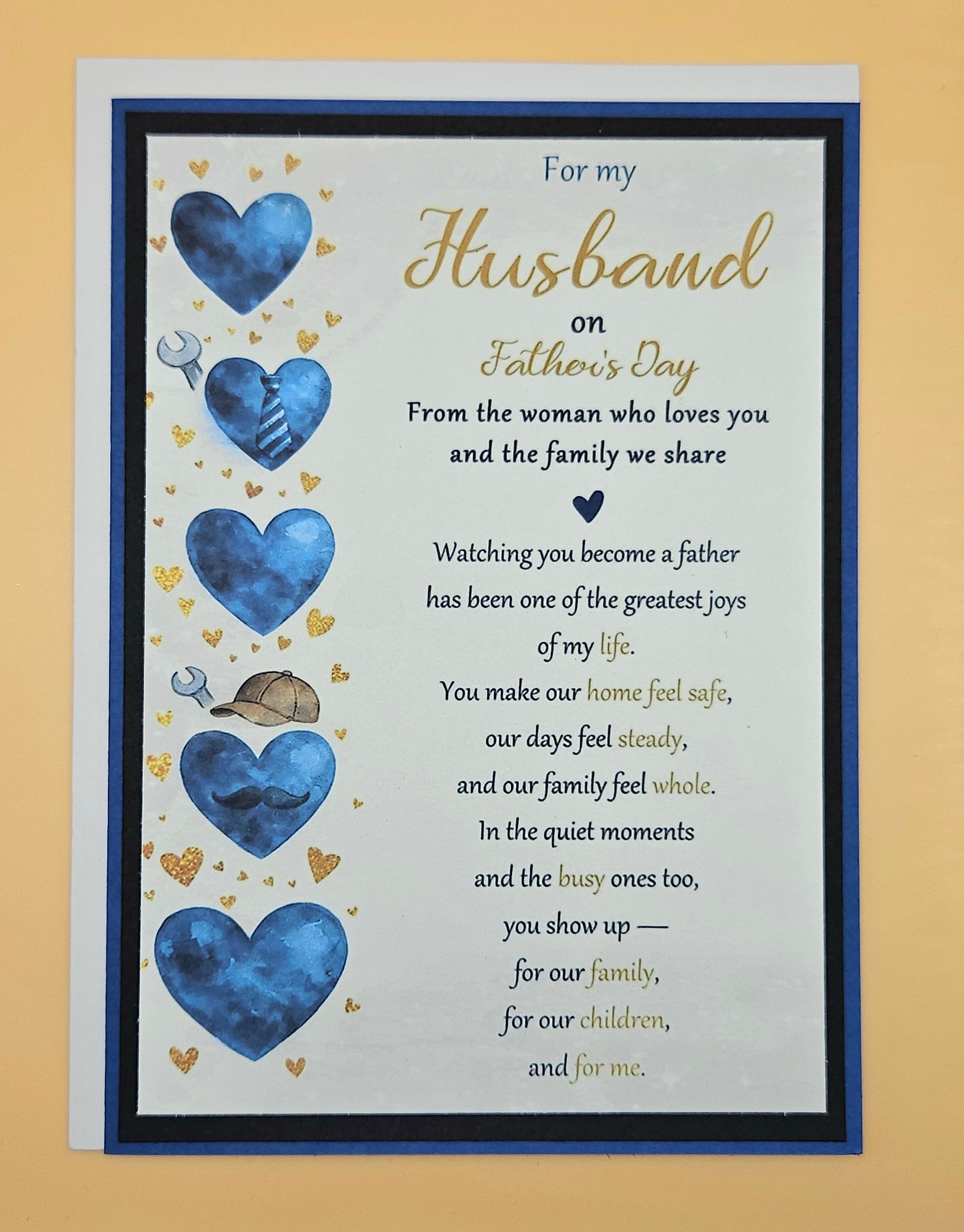 Handmade Father's Day card for husband from wife with blue watercolor hearts and gold glitter accents, 5x7 keepsake