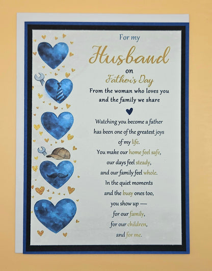 Handmade Father's Day card for husband from wife with blue watercolor hearts and gold glitter accents, 5x7 keepsake