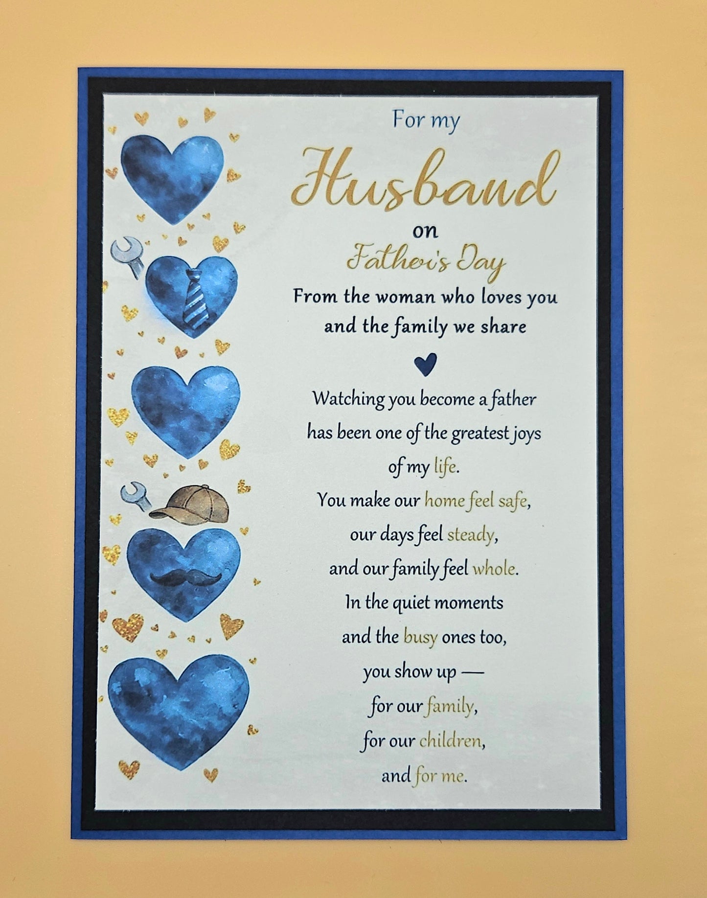 Father's Day card for husband displayed in frame showing full front design