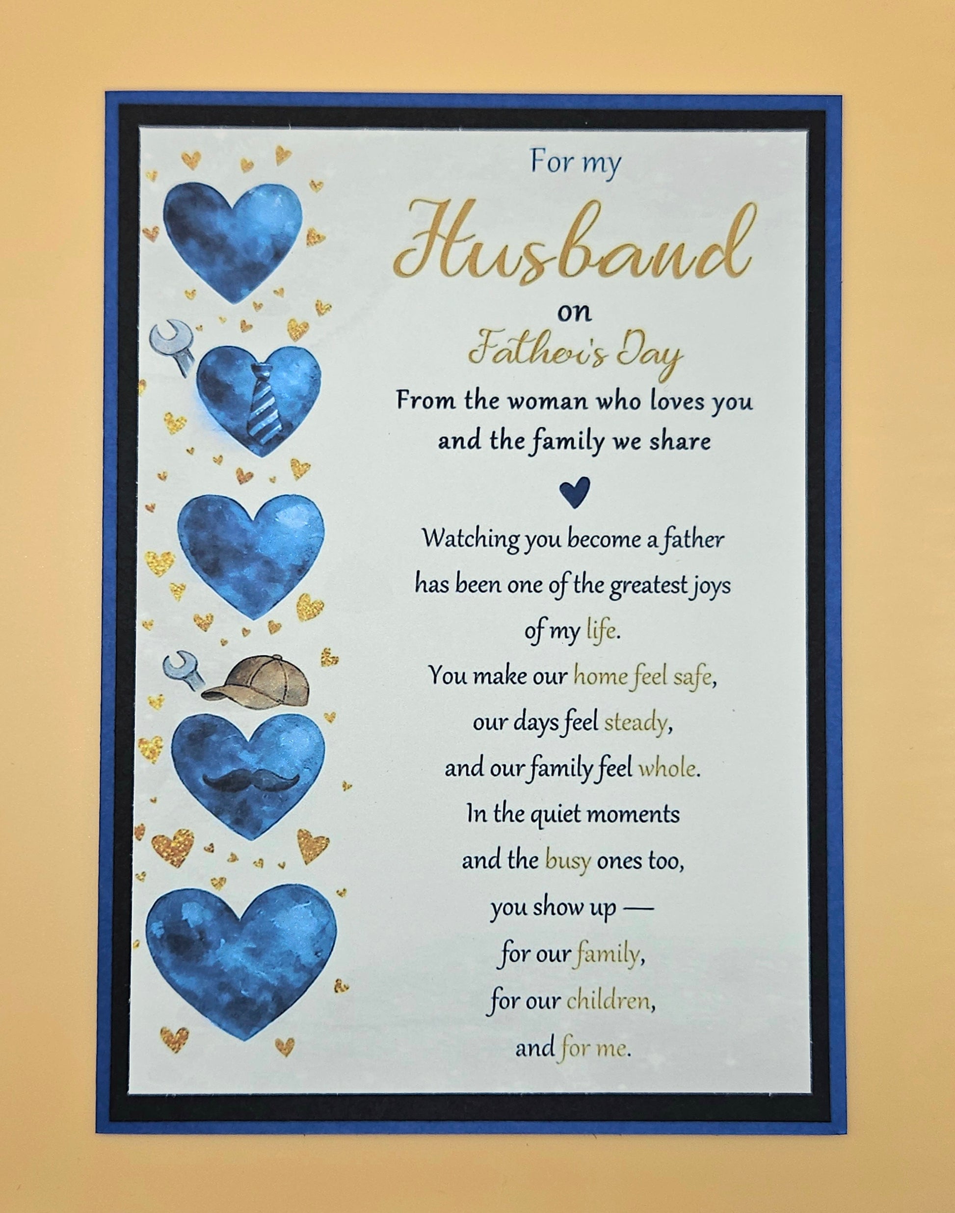 Father's Day card for husband displayed in frame showing full front design