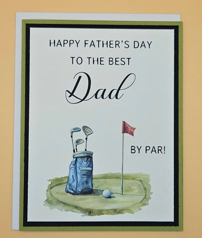 Handmade Father's Day golf card with watercolor golf bag, ball, and flag on sage green and black layered cardstock, A2 keepsake