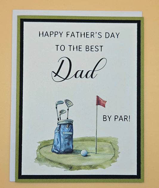 Handmade Father's Day golf card with watercolor golf bag, ball, and flag on sage green and black layered cardstock, A2 keepsake