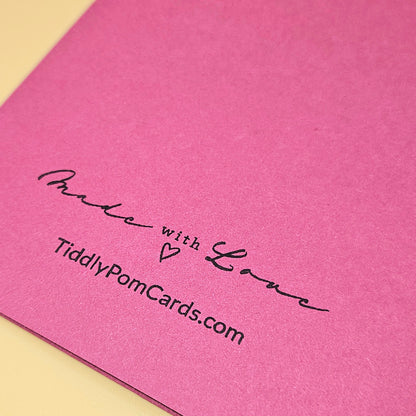Pink card with 'Made with Love' text and TiddlyPomCards.com on a yellow background