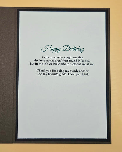Inside of Birthday Card for Dad showing printed heartfelt Thank you for being the steady rock of our family sentiment