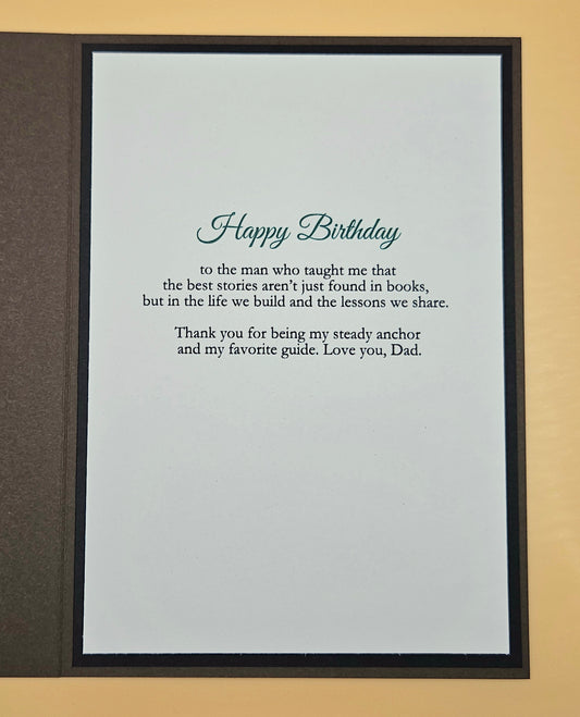 Inside of Birthday Card for Dad showing printed heartfelt Thank you for being the steady rock of our family sentiment