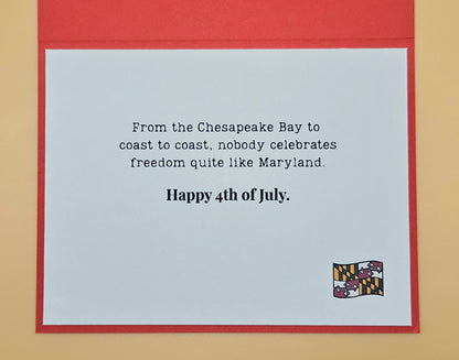 Text card celebrating Maryland's 4th of July with a red border and Maryland flag emblem.