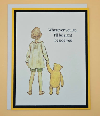 Handmade Winnie the Pooh friendship card featuring classic Christopher Robin and Pooh walking hand in hand illustration with warm yellow and black layered cardstock frames