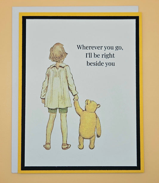 Handmade Winnie the Pooh friendship card featuring classic Christopher Robin and Pooh walking hand in hand illustration with warm yellow and black layered cardstock frames