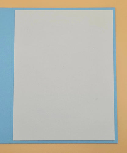 Rectangular card with a blue border on a beige background