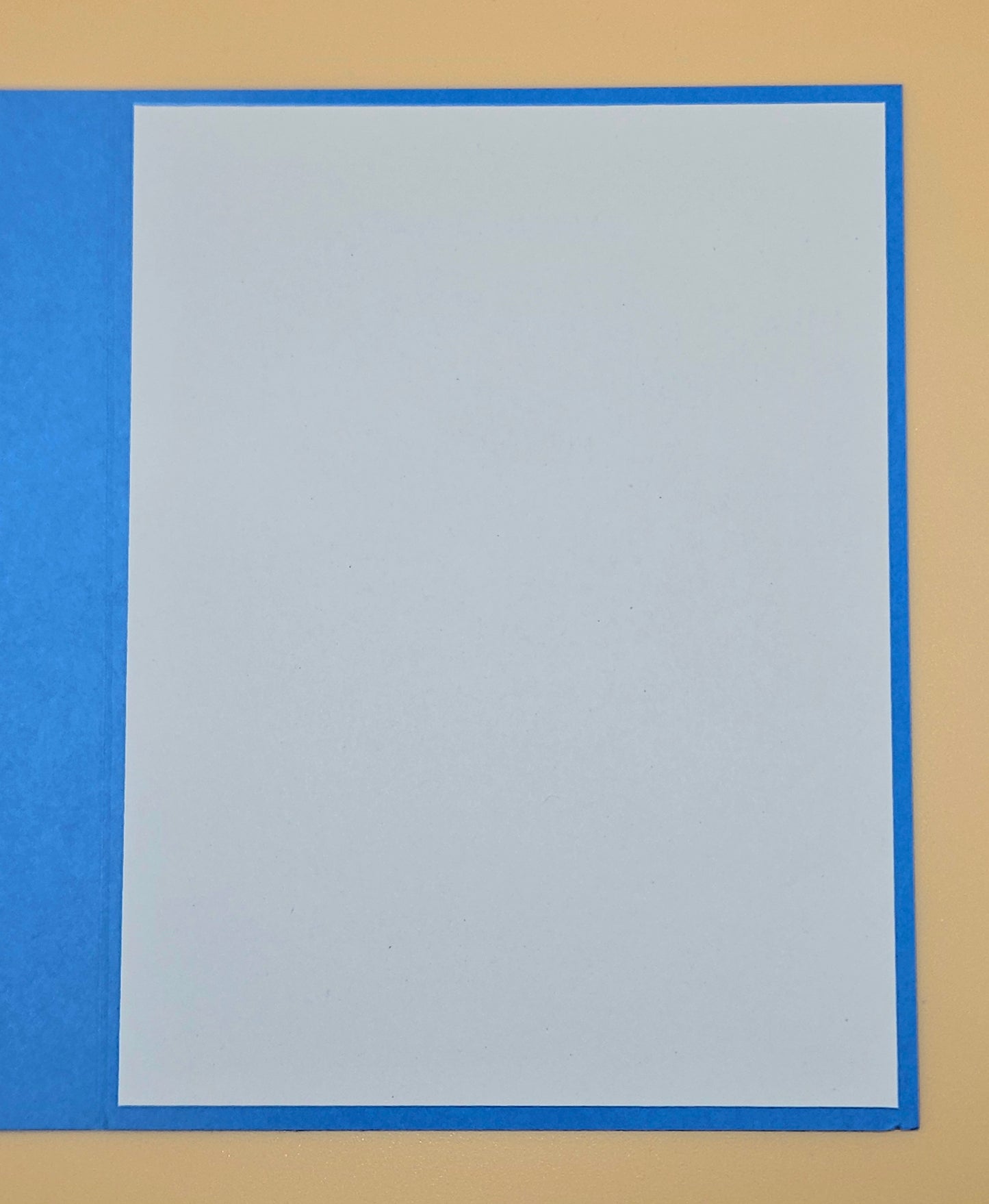 Rectangular gray card with blue border on a beige background