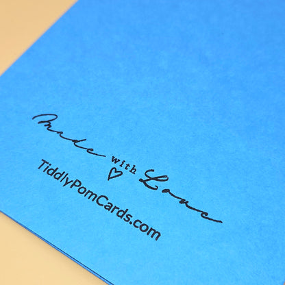 Blue card with 'Made with Love' text and TiddlyPomCards.com on a beige background