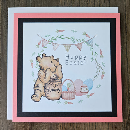 Greeting card with Winnie the Pooh and Easter elements on a beige background
