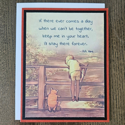 Greeting card with illustration of a girl looking through a window at a pig, with a quote on a wooden surface.