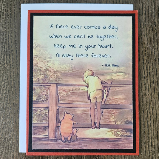 Greeting card with illustration of a girl looking through a window at a pig, with a quote on a wooden surface.
