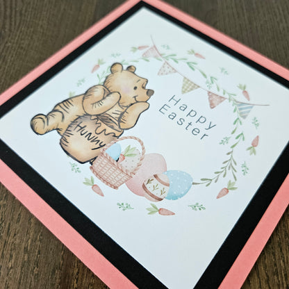Greeting card with Winnie the Pooh and Easter elements on a beige background