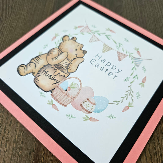 Greeting card with Winnie the Pooh and Easter elements on a beige background