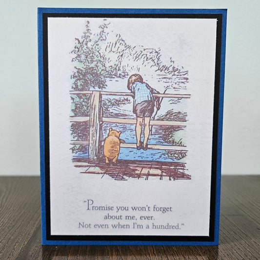 Front of a handmade A2 friendship card featuring a classic sketch illustration of Winnie the Pooh and Christopher Robin standing on a bridge, with the printed quote Promise you won't forget about me, ever, framed by a crisp black mat and a blue outer card border.