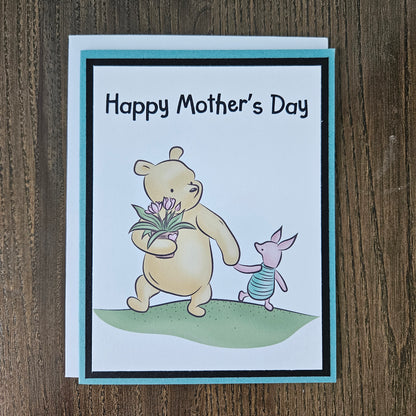 Winnie the Pooh Mother's Day Card, Handmade Classic Pooh and Piglet Tulip Bouquet Holiday Greeting, Blank Inside
