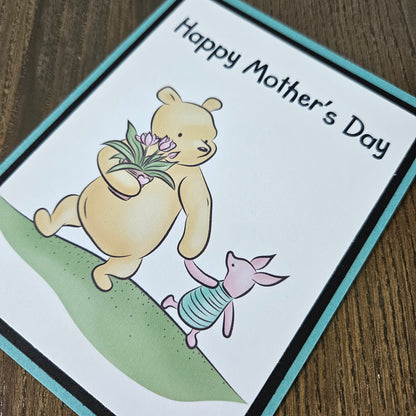 Winnie the Pooh Mother's Day Card, Handmade Classic Pooh and Piglet Tulip Bouquet Holiday Greeting, Blank Inside