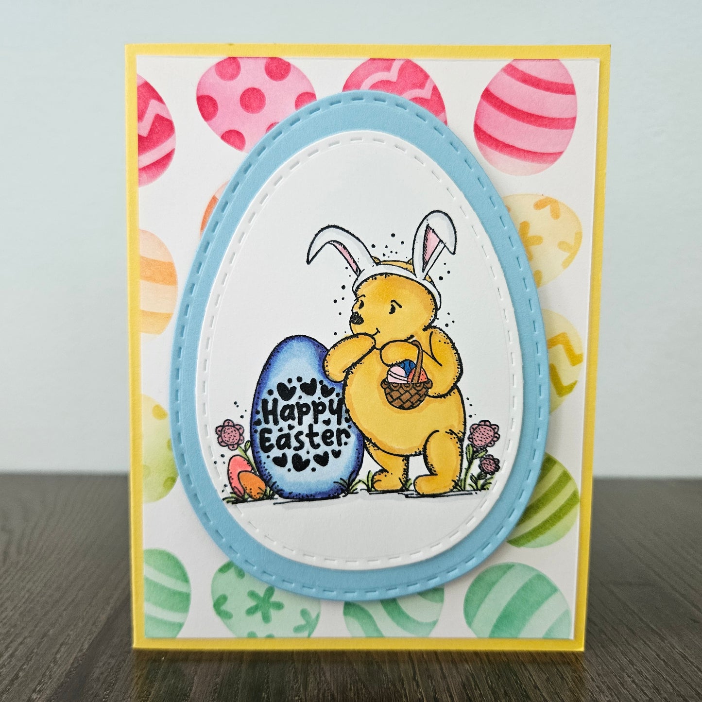 Winnie the Pooh Easter Card, Handmade Classic Pooh Bunny Ears, Hand Colored Holiday Greeting, Blank Inside