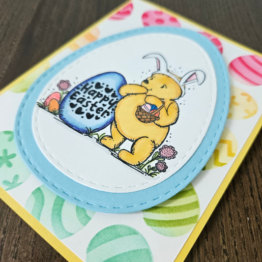 Winnie the Pooh Easter Card, Handmade Classic Pooh Bunny Ears, Hand Colored Holiday Greeting, Blank Inside