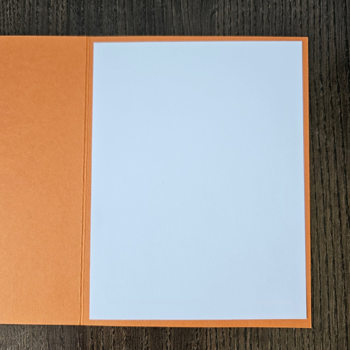 Notebook with light blue cover and brown back on a wooden surface