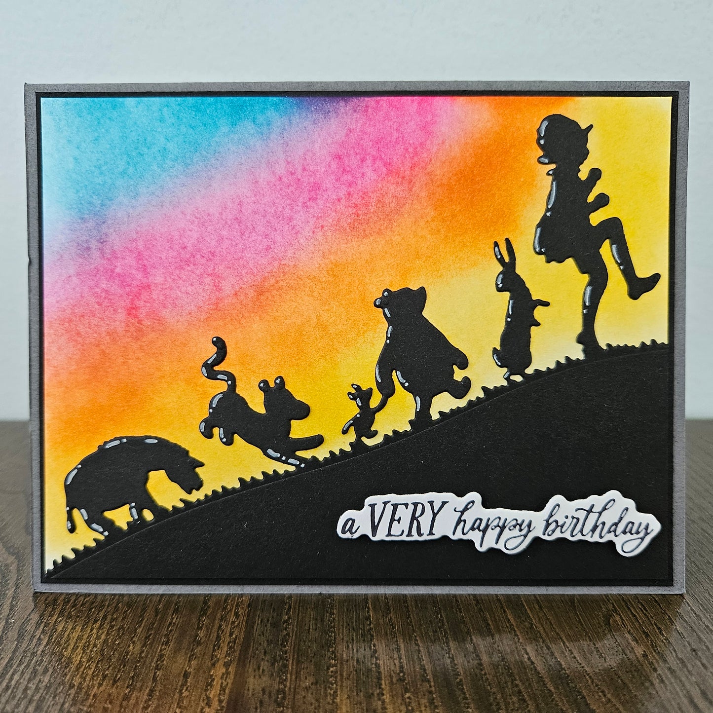 Winnie the Pooh Birthday Card, Handmade Hand Colored Classic Pooh and Friends, Sunset Silhouette