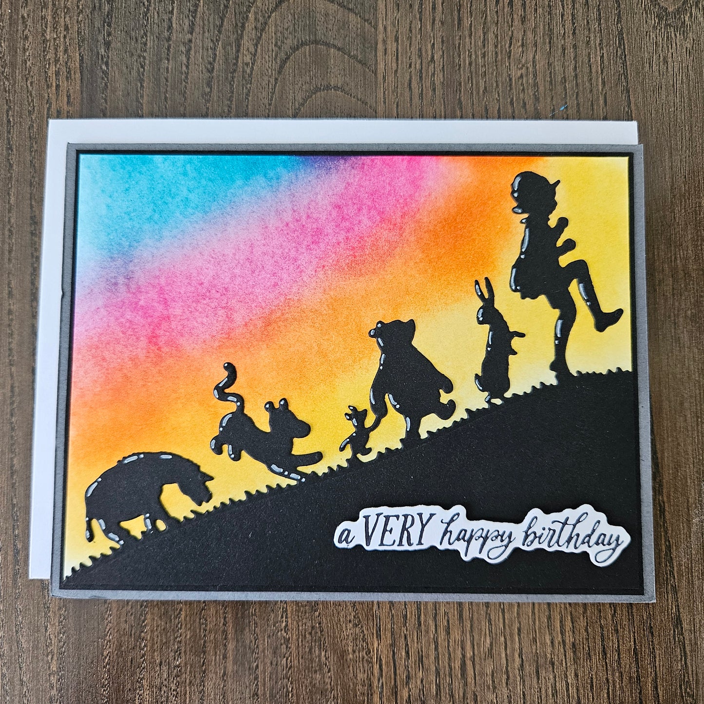 Winnie the Pooh Birthday Card, Handmade Hand Colored Classic Pooh and Friends, Sunset Silhouette