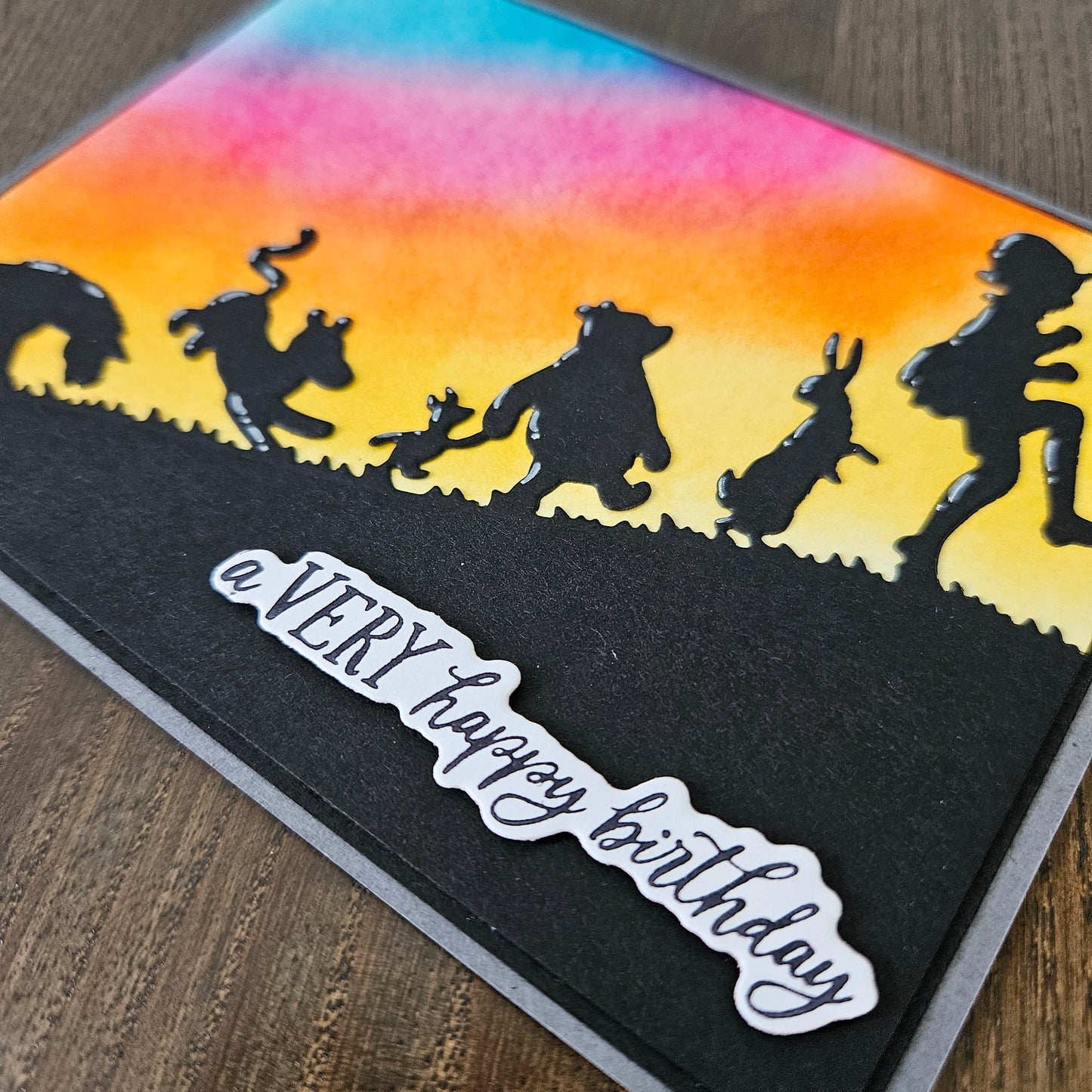 Winnie the Pooh Birthday Card, Handmade Hand Colored Classic Pooh and Friends, Sunset Silhouette