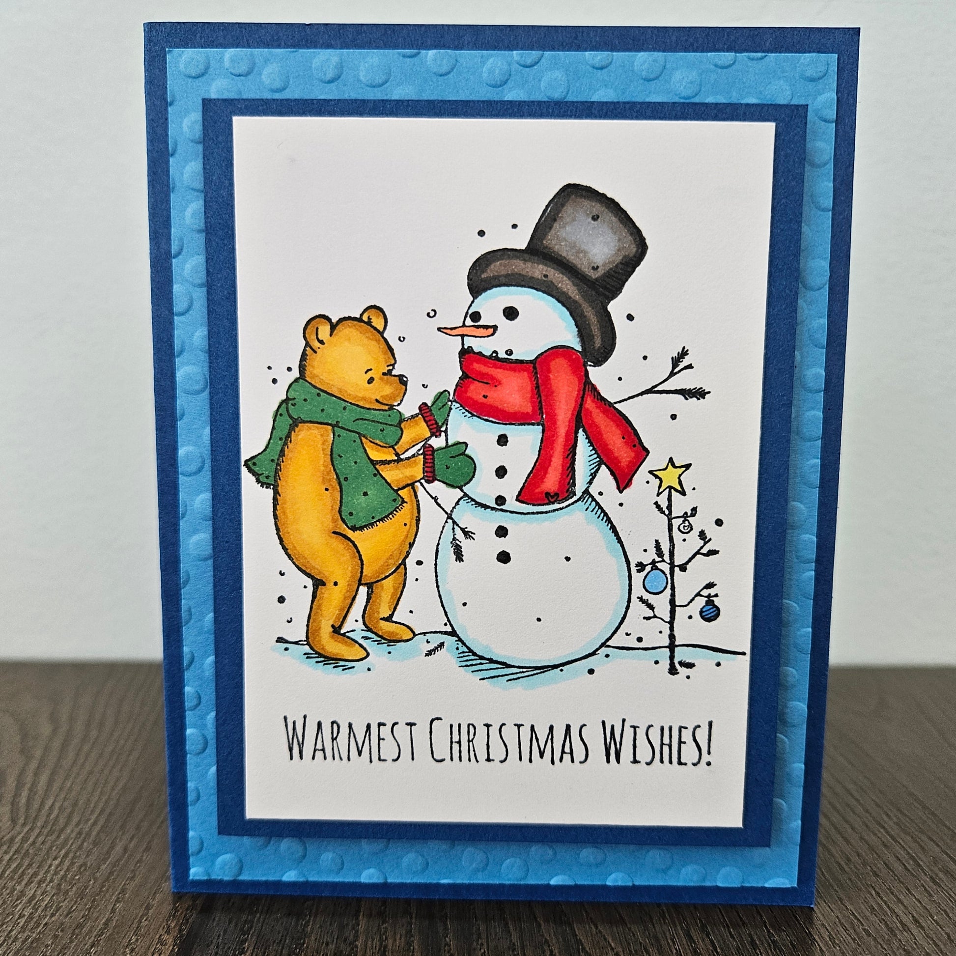 Winnie the Pooh Christmas Card, Handmade Hand-Colored Snowman Keepsake, Layered Blue Embossed Holiday Greeting Tiddly Pom Cards