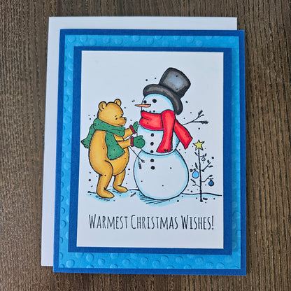 Winnie the Pooh Christmas Card, Handmade Hand-Colored Snowman Keepsake, Layered Blue Embossed Holiday Greeting Tiddly Pom Cards