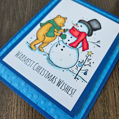 Winnie the Pooh Christmas Card, Handmade Hand-Colored Snowman Keepsake, Layered Blue Embossed Holiday Greeting Tiddly Pom Cards