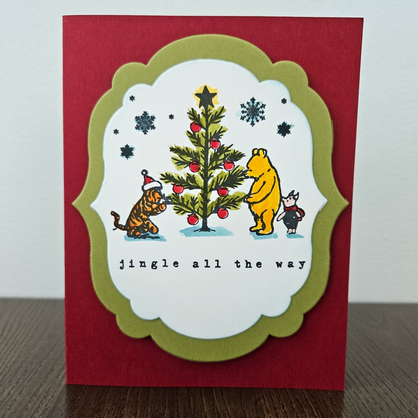 Winnie the Pooh Christmas Card, Handmade Pooh and Friends, Hand Colored Classic Holiday Greeting