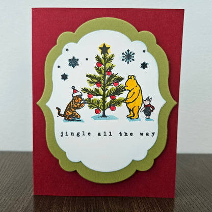 Winnie the Pooh Christmas Card, Handmade Pooh and Friends, Hand Colored Classic Holiday Greeting