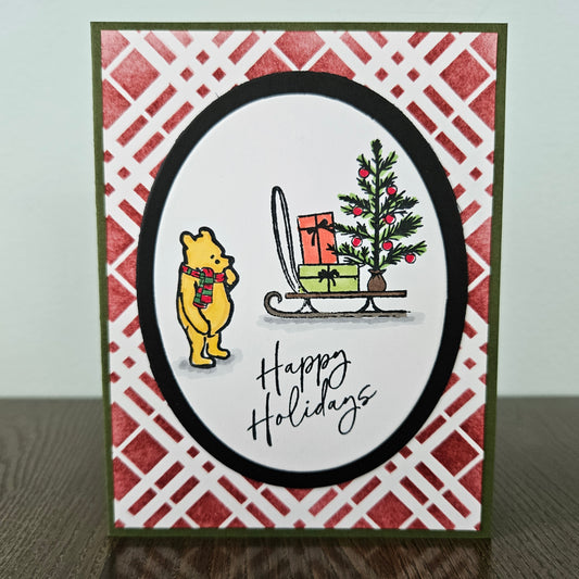 Handmade Christmas Card, Winnie the Pooh Holiday Greeting Card, Hand-Colored Bear Sled Presents Keepsake Tiddly Pom Cards