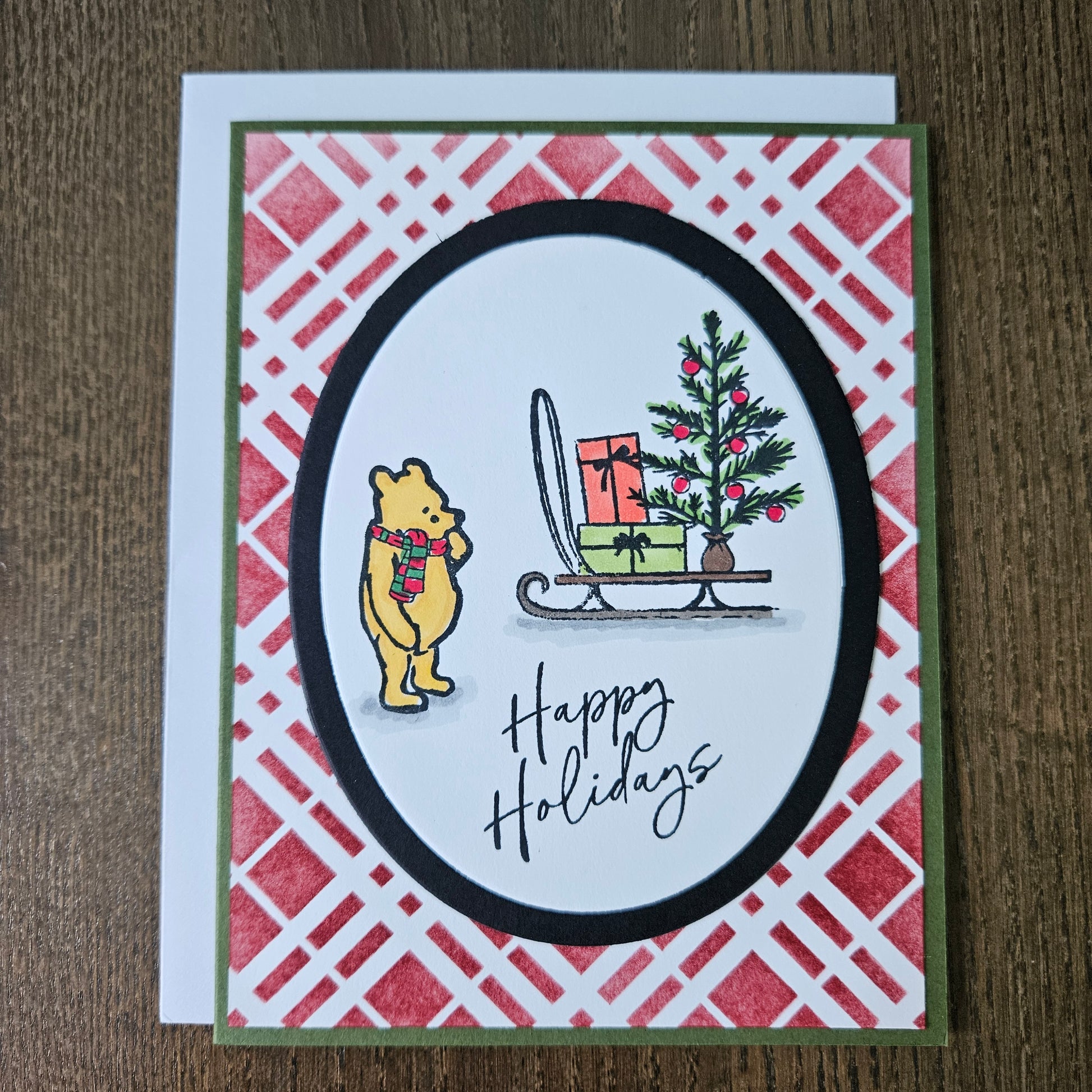 Handmade Christmas Card, Winnie the Pooh Holiday Greeting Card, Hand-Colored Bear Sled Presents Keepsake Tiddly Pom Cards