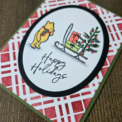 Handmade Christmas Card, Winnie the Pooh Holiday Greeting Card, Hand-Colored Bear Sled Presents Keepsake Tiddly Pom Cards