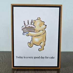 Winnie The Pooh Birthday Card, Handmade Classic Pooh Carrying Cake Greeting Card, Blank Inside