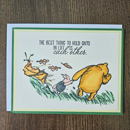 Handmade Thinking of You Card, Winnie the Pooh & Piglet , Hand-Colored Encouragement or Friendship Card with Supportive Message Tiddly Pom Cards