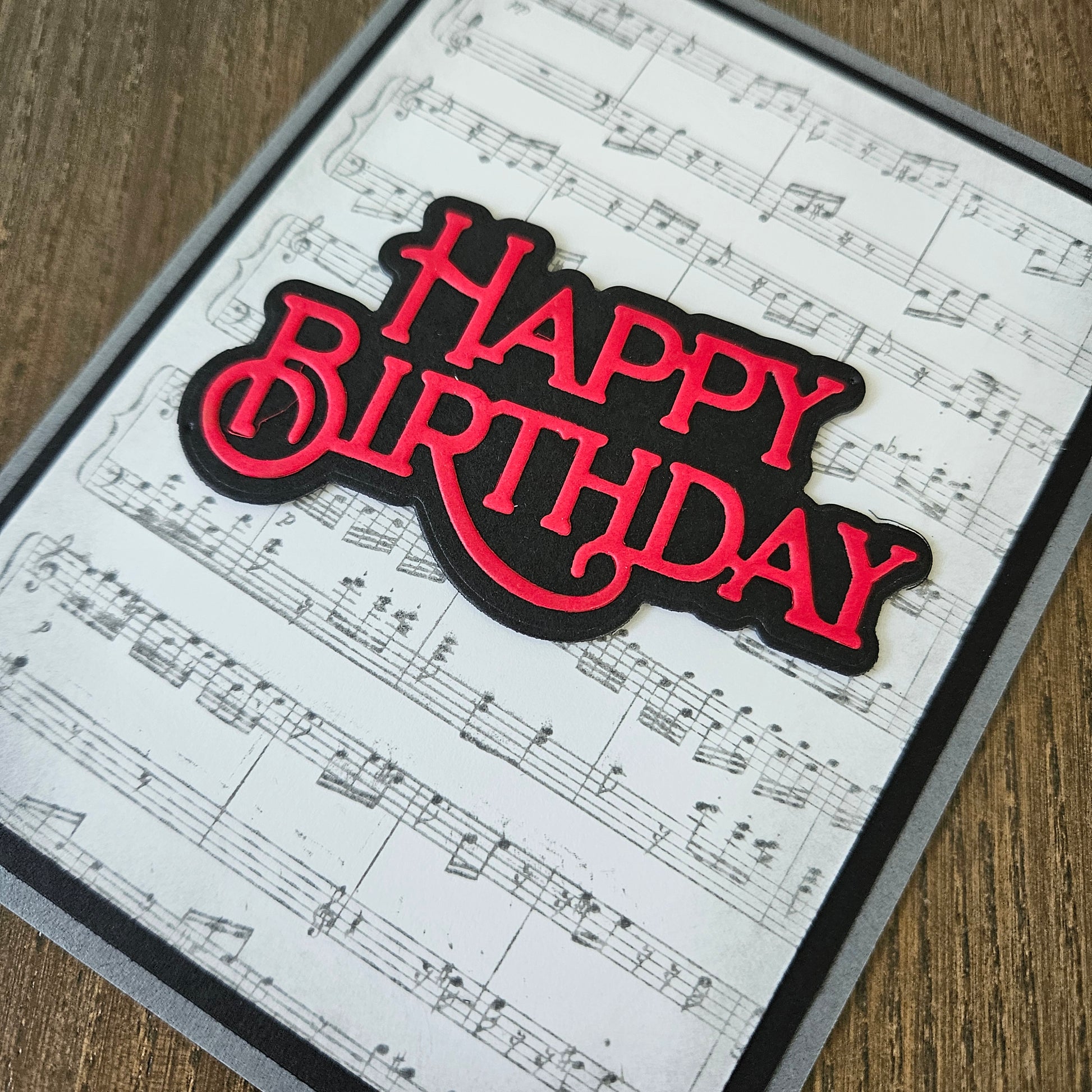 Greeting card with 'Happy Birthday' text on a sheet music background