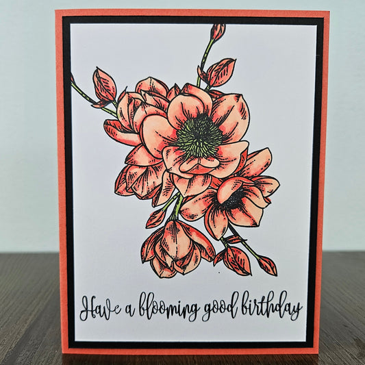Handmade birthday card for her with hand-colored coral pink botanical floral illustration on white inner panel with black and coral border. Text reads Have a blooming good birthday.