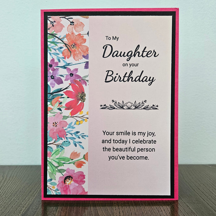 Birthday Card for Daughter, Pink Floral Watercolor Split Panel, Handmade 5x7 Heartfelt Greeting