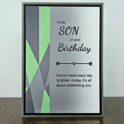 Handmade Birthday card for son with geometric design and birthday message from Tiddly Pom Cards. 