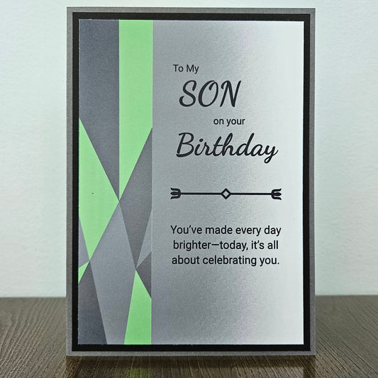 Handmade Birthday card for son with geometric design and birthday message from Tiddly Pom Cards. 