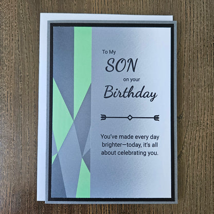 Handmade Birthday card for son with geometric design and birthday message from Tiddly Pom Cards. 