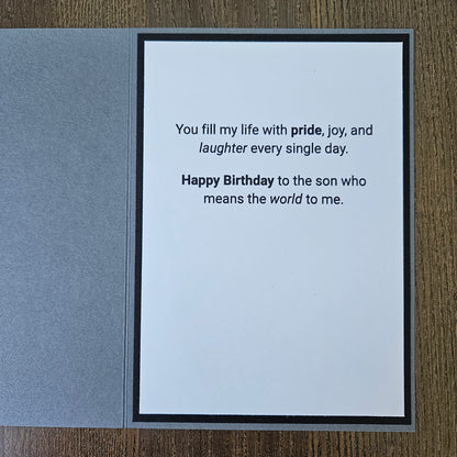 Handmade Birthday card for son with geometric design and birthday message from Tiddly Pom Cards. 