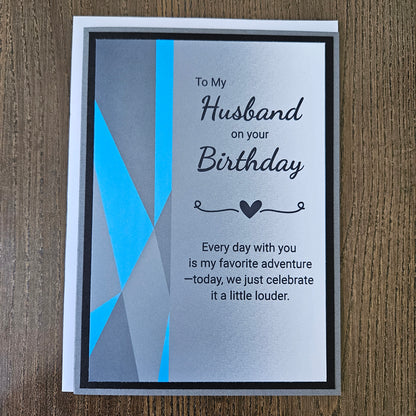 Birthday Card for Husband, Handmade Geometric Blue Gray, Favorite Adventure Heartfelt Greeting