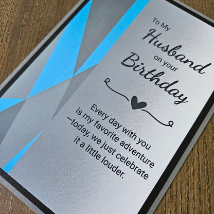 Birthday Card for Husband, Handmade Geometric Blue Gray, Favorite Adventure Heartfelt Greeting
