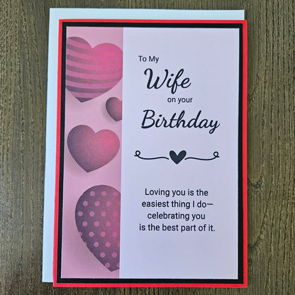 Handmade Birthday card for a wife with hearts and text from Tiddly Pom Cards. 