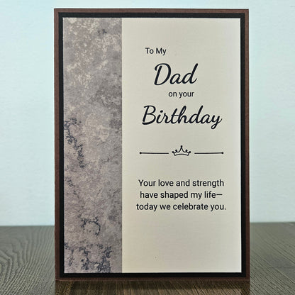 Handmade Birthday card for a father with decorative text on a textured background from Tiddly Pom Cards. 